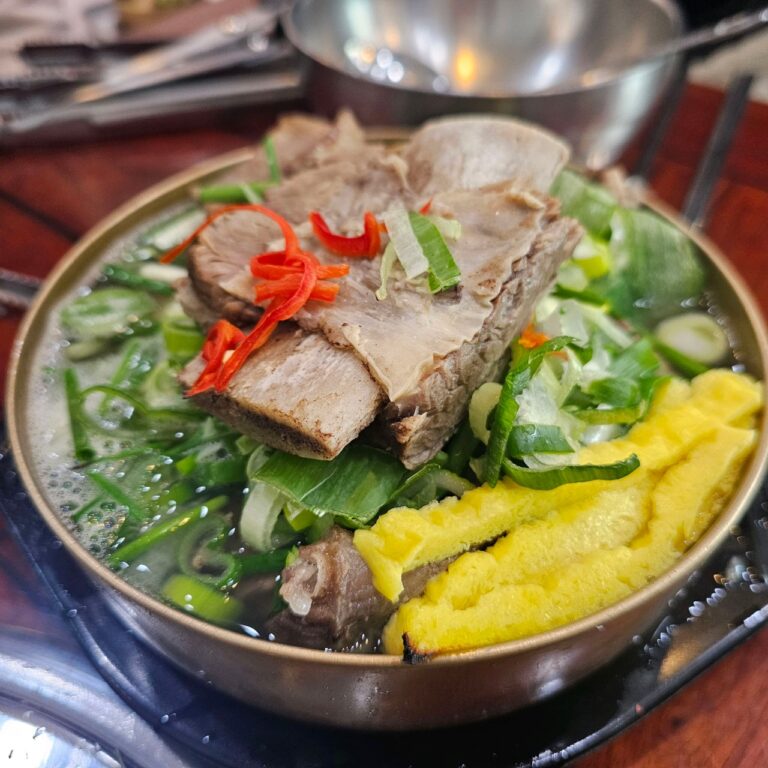 Galbitang Korean beef short rib soup with clear broth, radish, and glass noodles