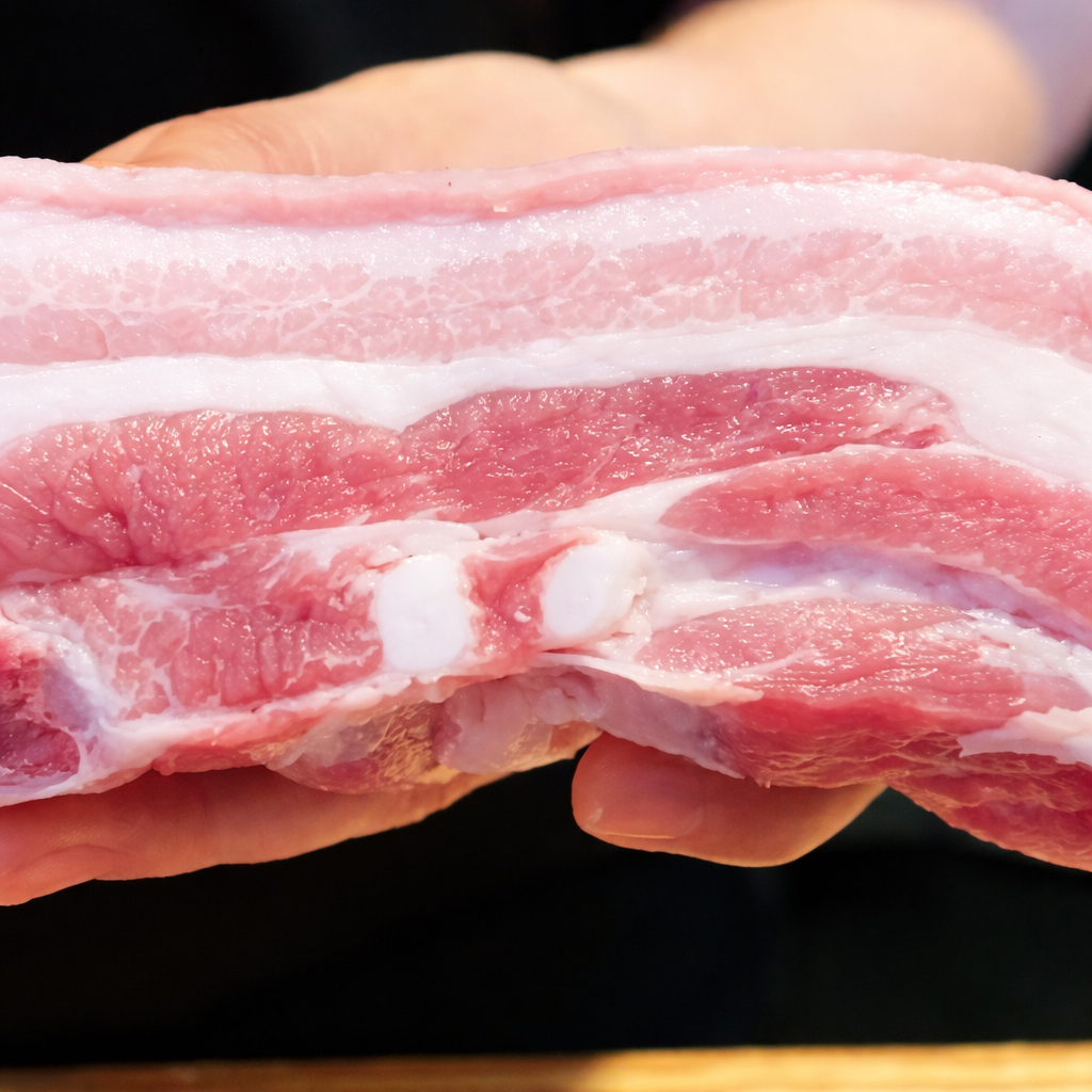 Fresh raw Korean pork belly showing distinct layers of lean meat and fat, ready for Korean BBQ.