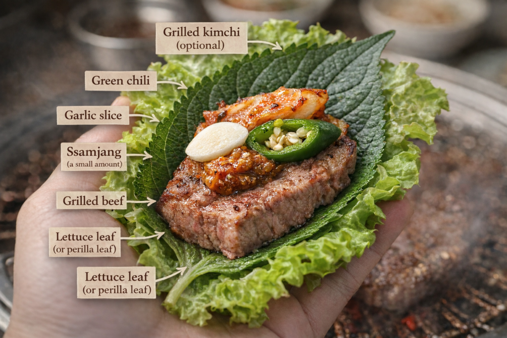 Korean ssam with grilled beef wrapped in lettuce or perilla leaf, topped with ssamjang, garlic, green chili, and grilled kimchi
