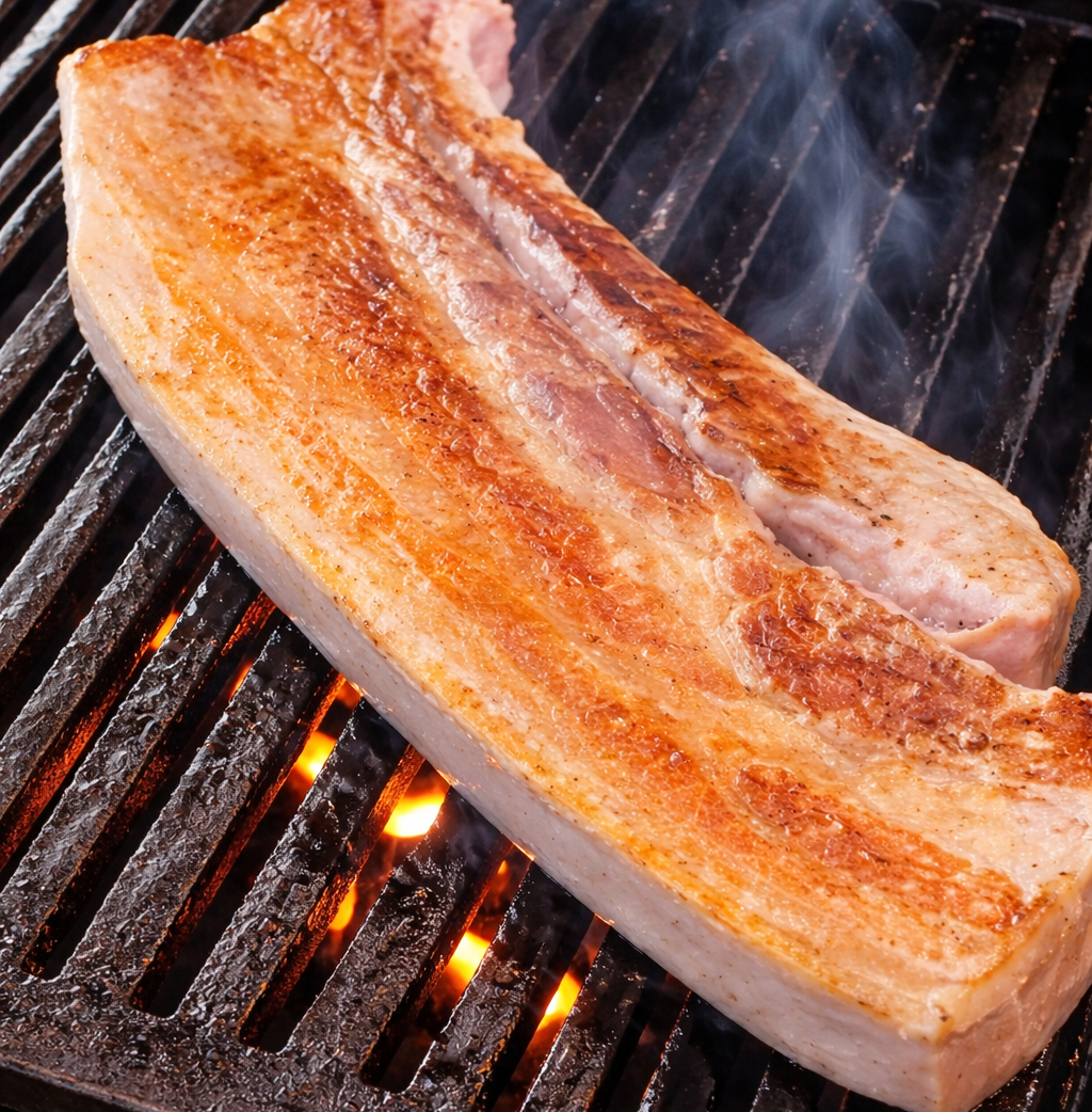 Thick-cut pork belly grilling on a barbecue grate, with the surface turning golden brown.