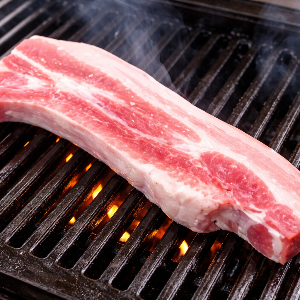 Raw pork belly placed on a barbecue grill.